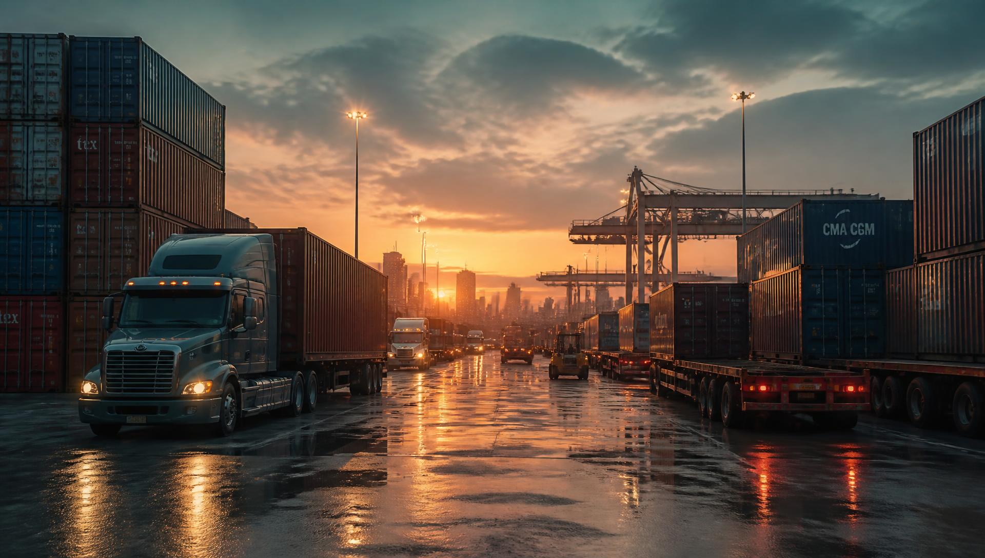 Freight yard at dawn with semi trucks and stacked shipping containers
