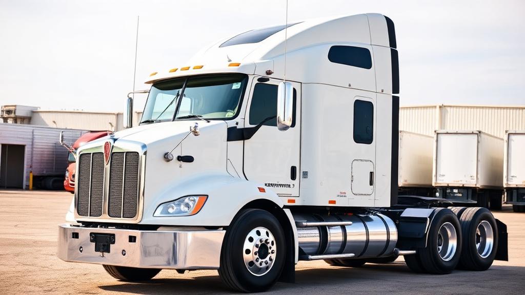 White Kenworth T680 trailer head parked at an industrial lot